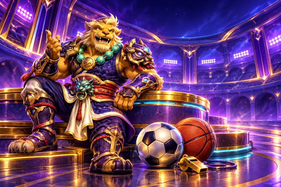 Lion warrior beside sports balls and a whistle