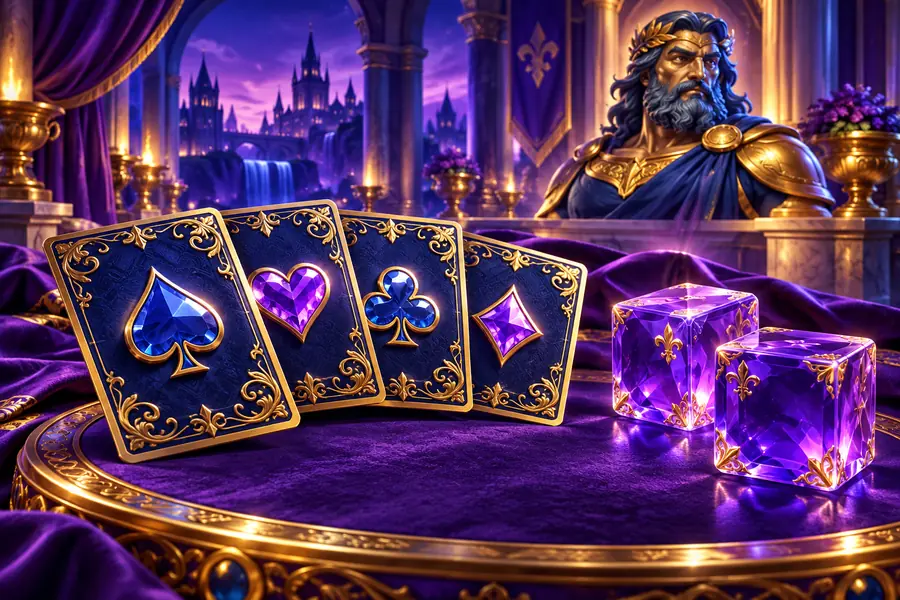 Blue and gold playing cards on a purple table