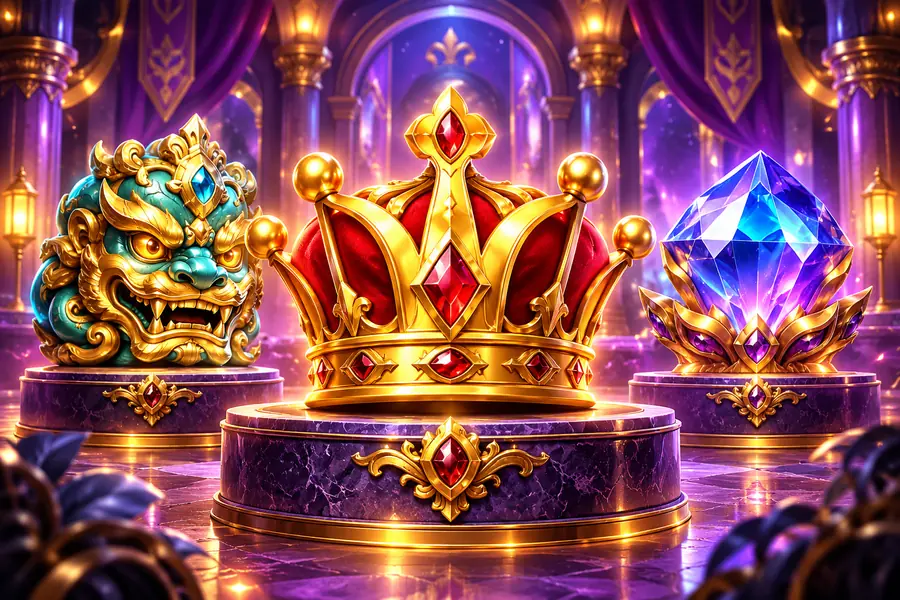Gold crown, guardian mask and crystal in a gallery