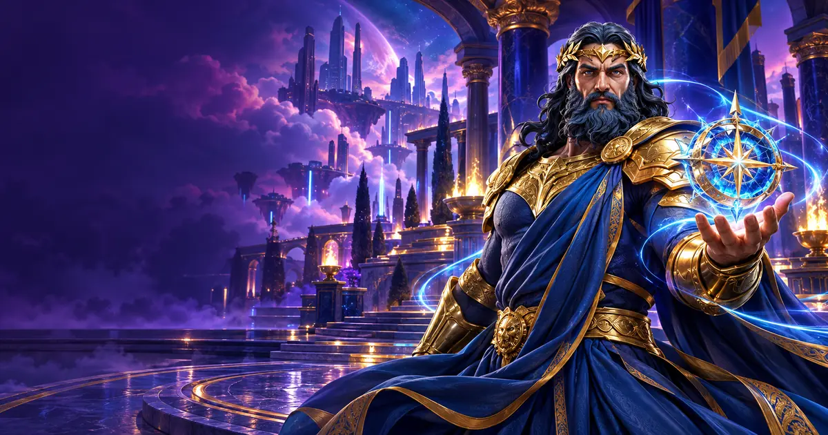 Blue and gold guardian holding a crystal compass