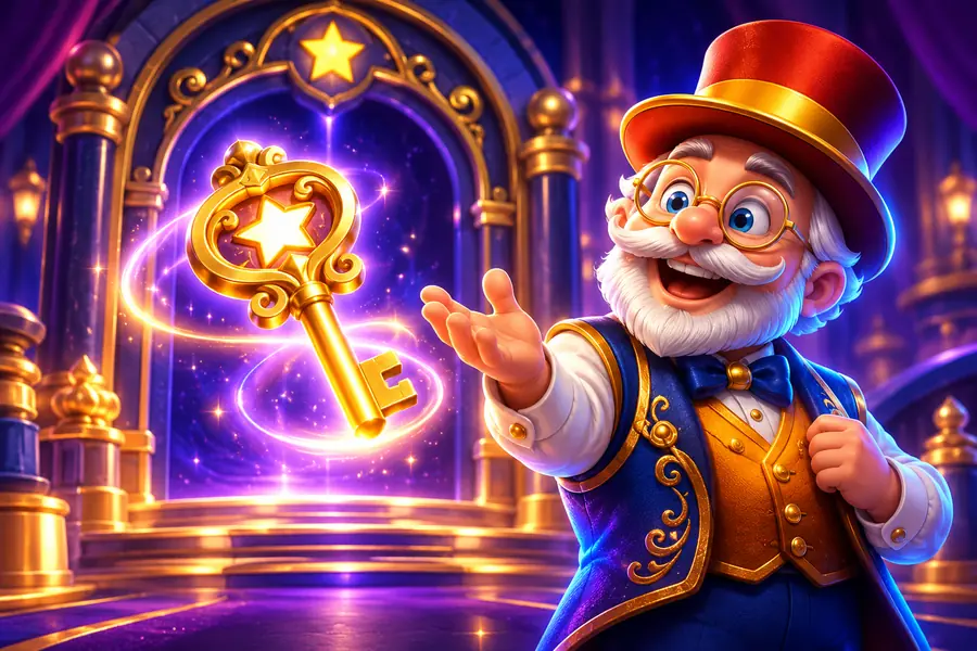 Showman presenting an ornamental gold key