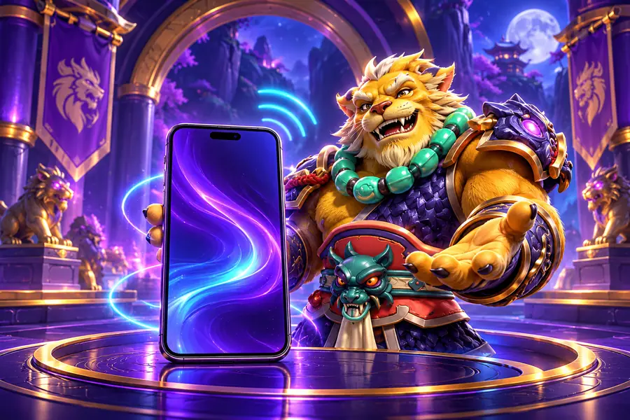 Lion warrior presenting a phone with an abstract purple screen