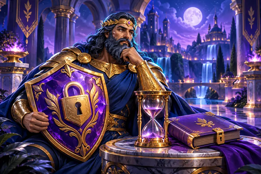 Guardian with a lock shield, hourglass and ledger