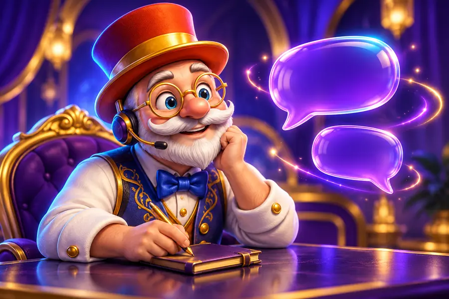 Showman with a headset beside speech bubbles